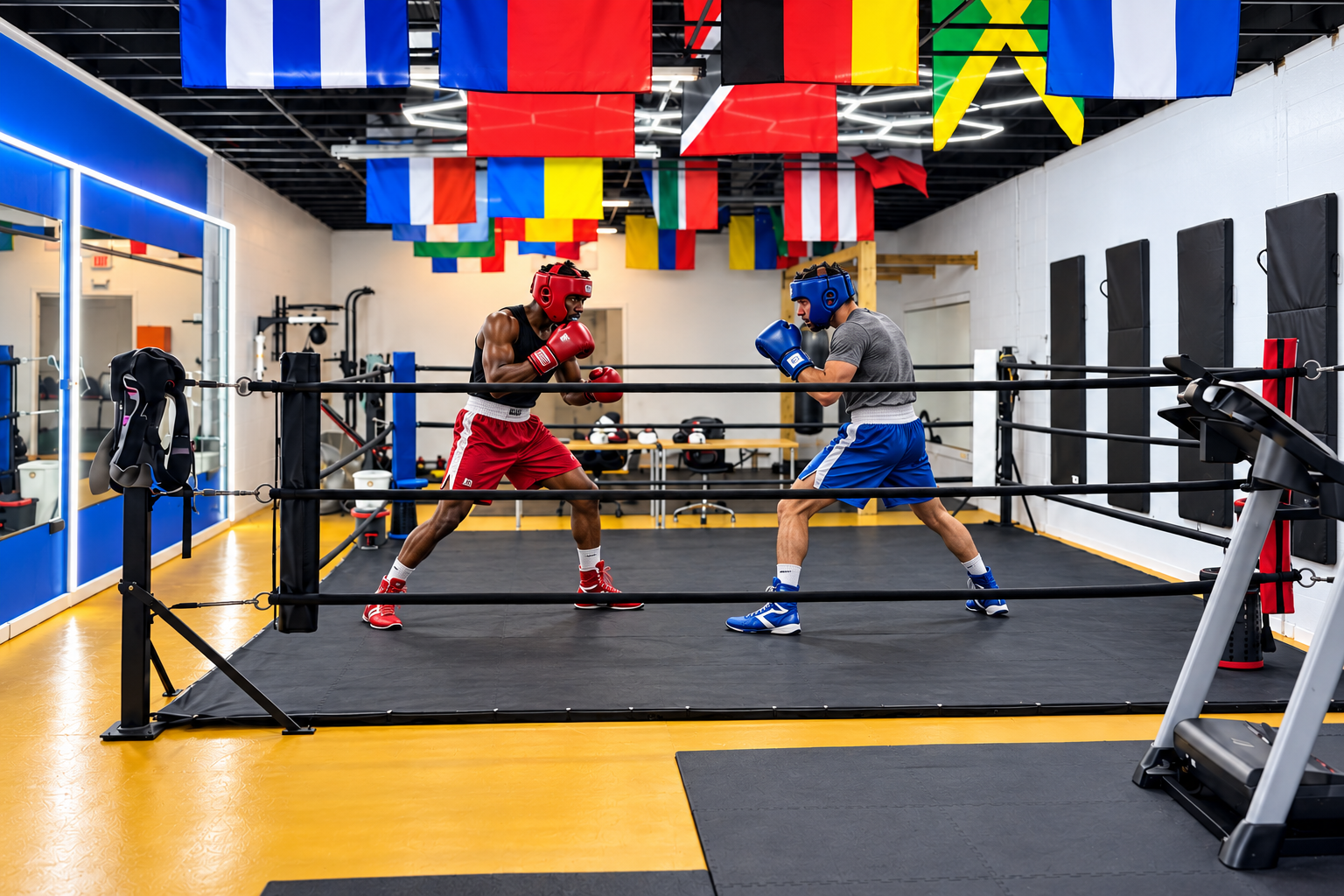 Two amateur boxers wearing red and blue protective headgear face off in O’s Gym’s boxing ring