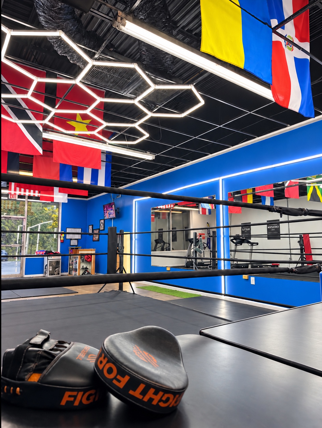 Inside O’s Gym: blue walls, illuminated mirrors, ceiling flags, boxing ring ropes, and training mitts